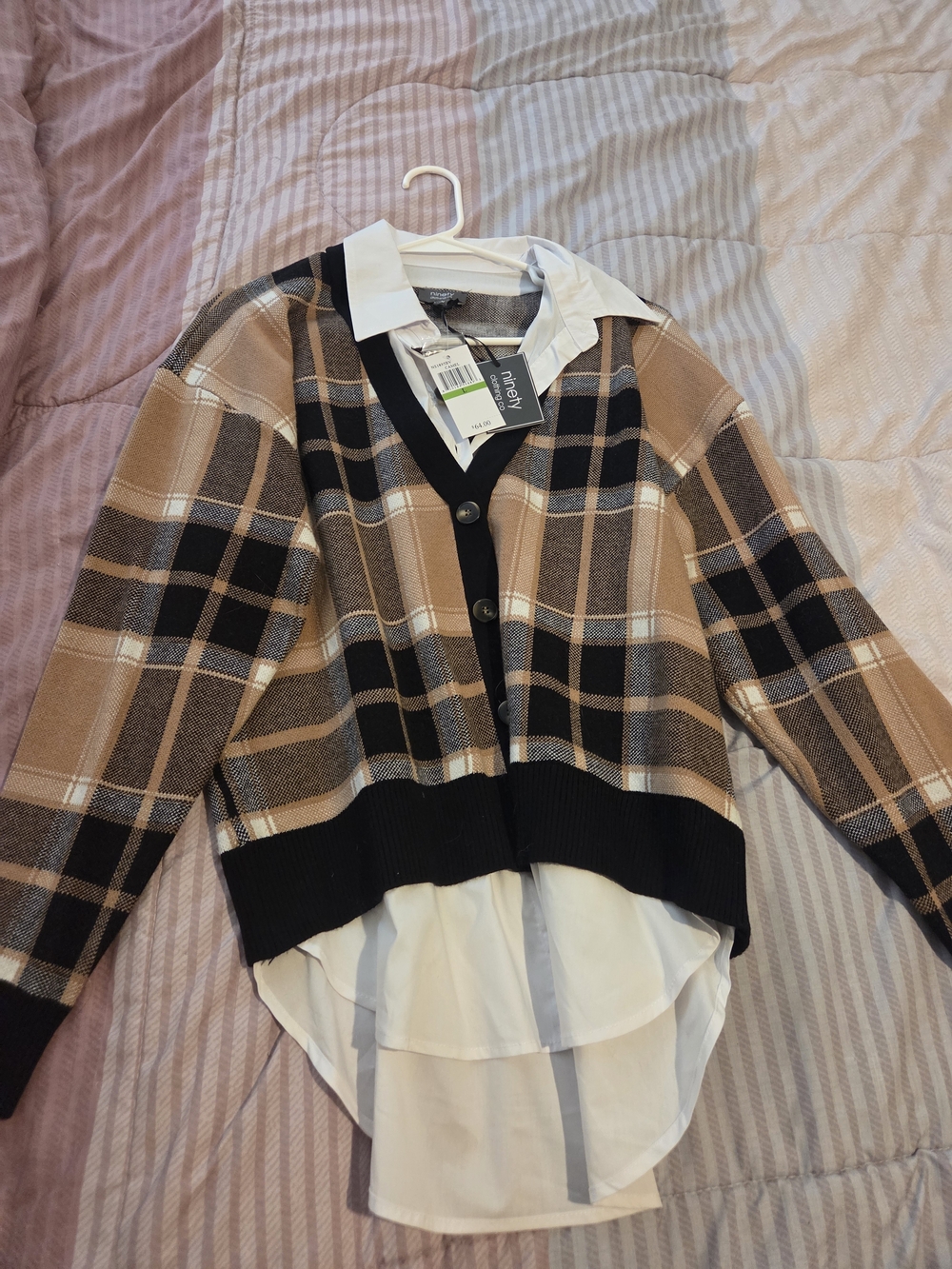 Ninety Plaid V-Neck Layered Shirt Sweater in Camel, Black, White